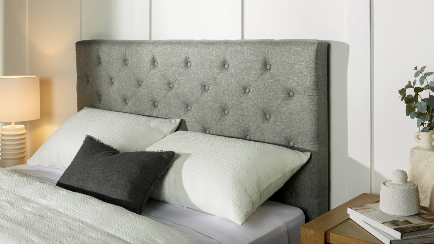 Diaz Super King Upholstered Buttoned Headboard - Grey Linen