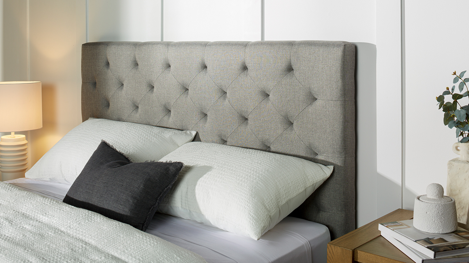 Diaz Super King Upholstered Darted Headboard - Grey Linen