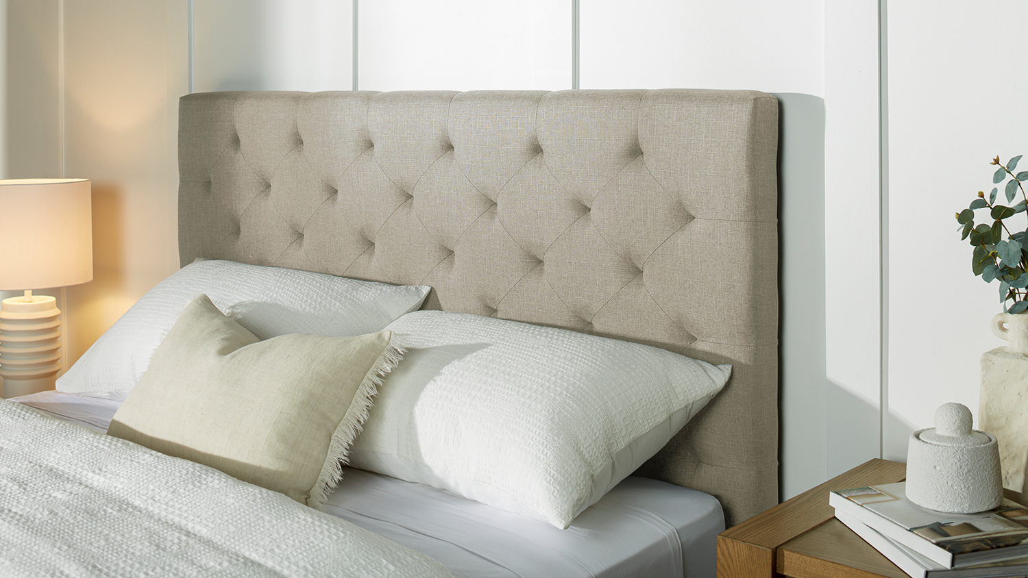 Diaz Super King Upholstered Darted Headboard - Natural Linen
