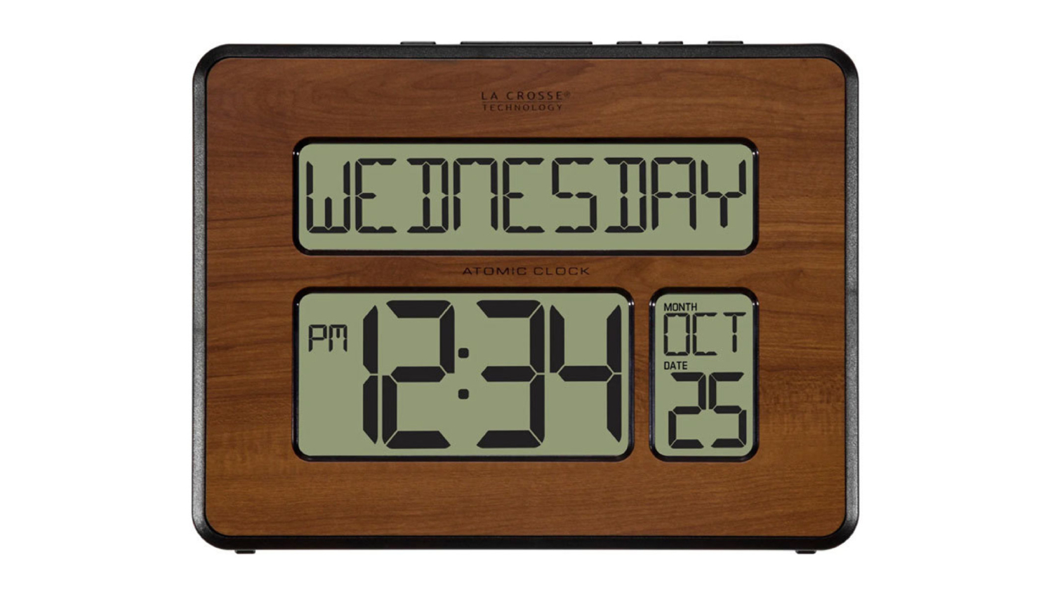 La Crosse Backlit Wall Mounted Digital Calendar Clock - Walnut Face