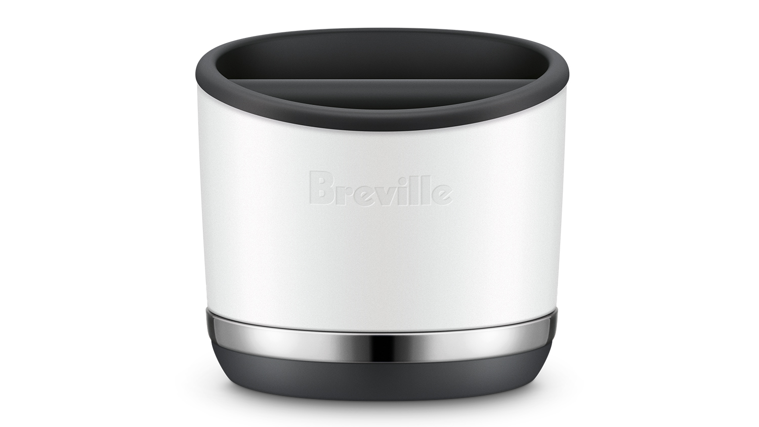 Breville knock box with silver trim and black base, designed for disposing of espresso grounds