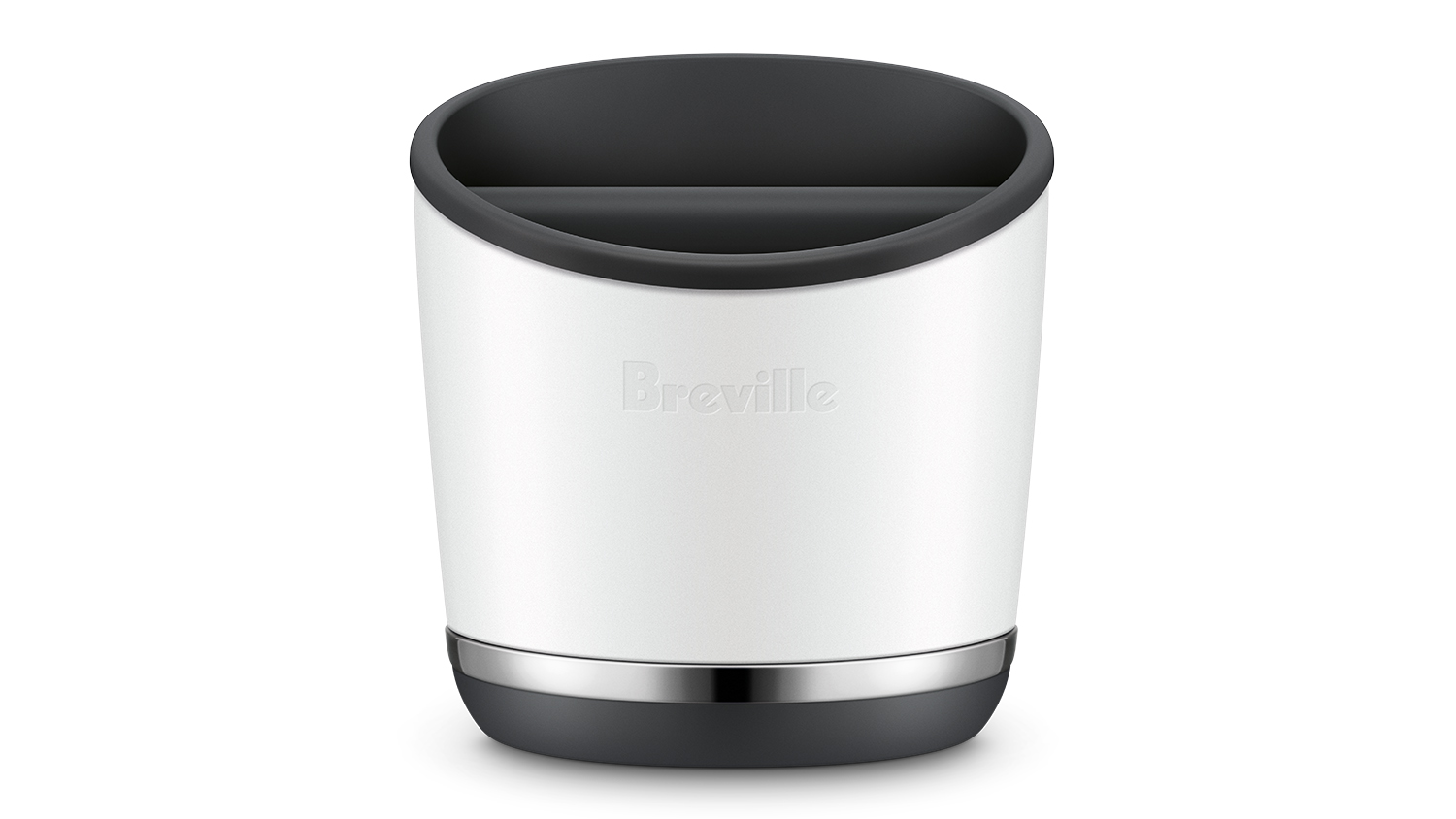 Breville knock box with silver trim and black base, designed for disposing of espresso grounds
