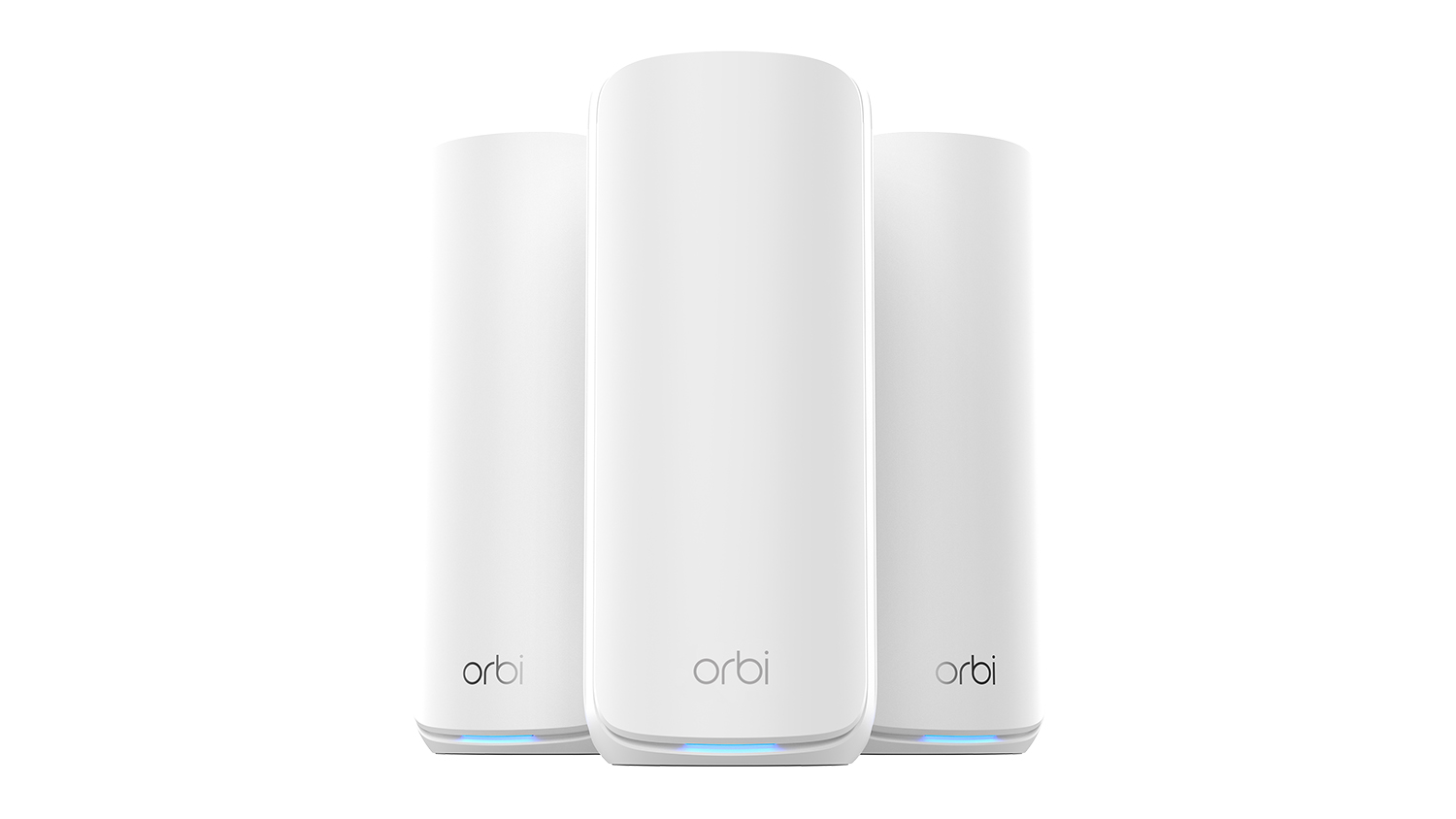 A front-view of three Arlo Mesh units, the unit in the centre is positioned upfront, while the other two on both sides are slightly behind.