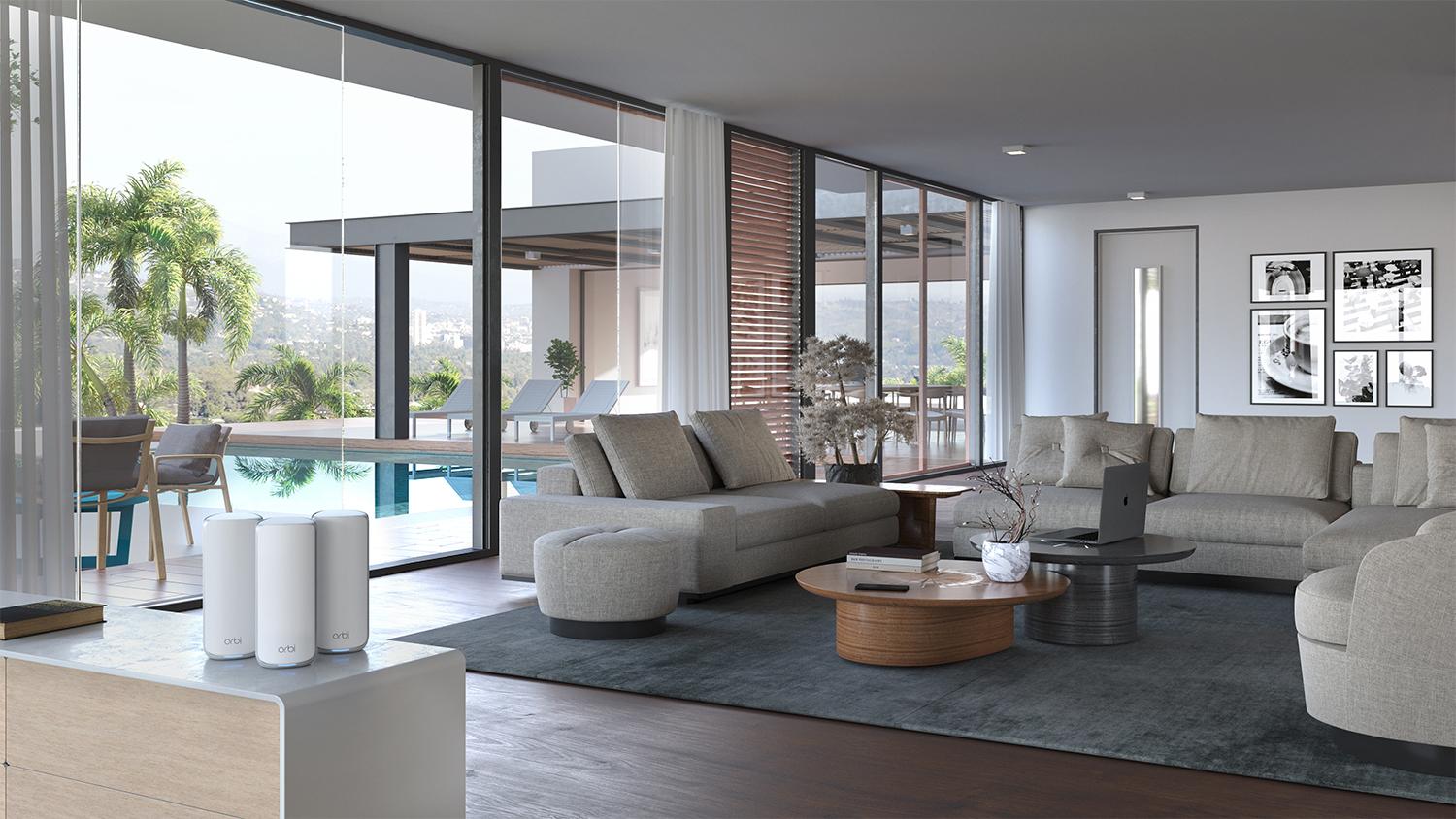 An interior of a modern living room with three Arlo Mesh units displayed on a chest drawer.
