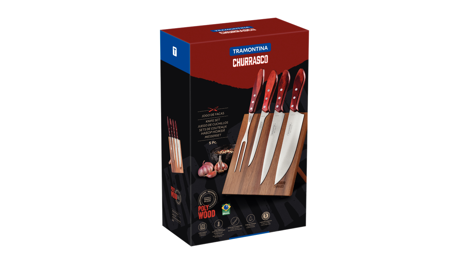 Tramontia Churrasco Knife and Block Set 5pcs. - Red Wood