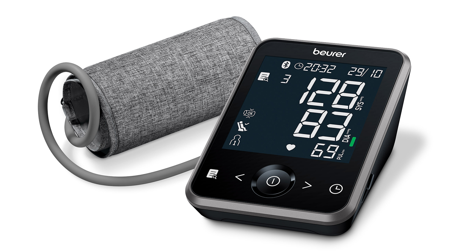 Digital black blood pressure monitor with a modern grey arm cuff attached and a display showing a reading