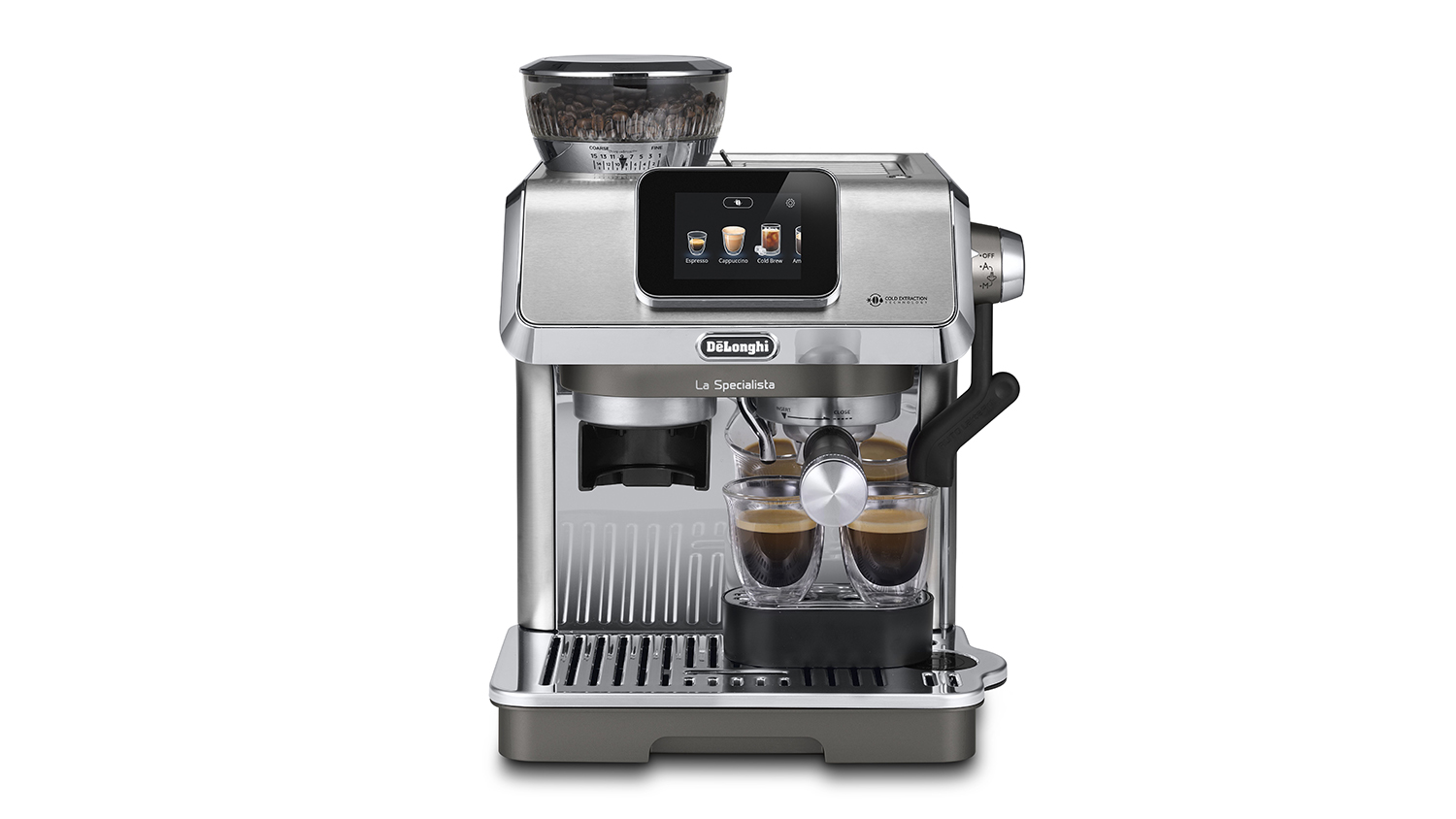 De'Longhi espresso machine with built-in grinder, digital display, and two espresso cups placed under the portafilter.