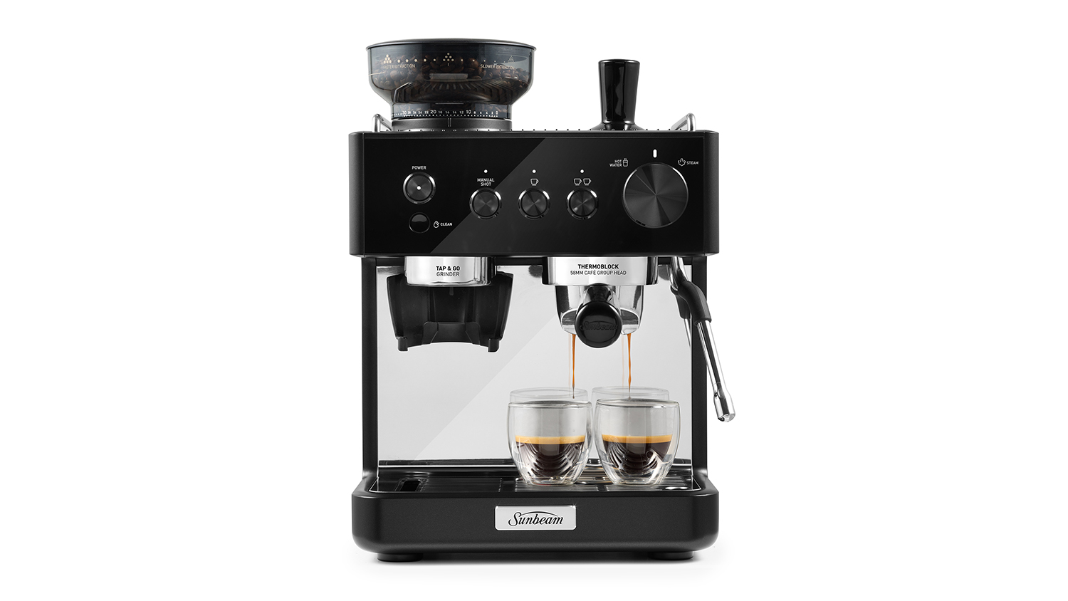 Black Sunbeam Origins Classic manual espresso machine brewing two cups with built-in grinder and steam wand