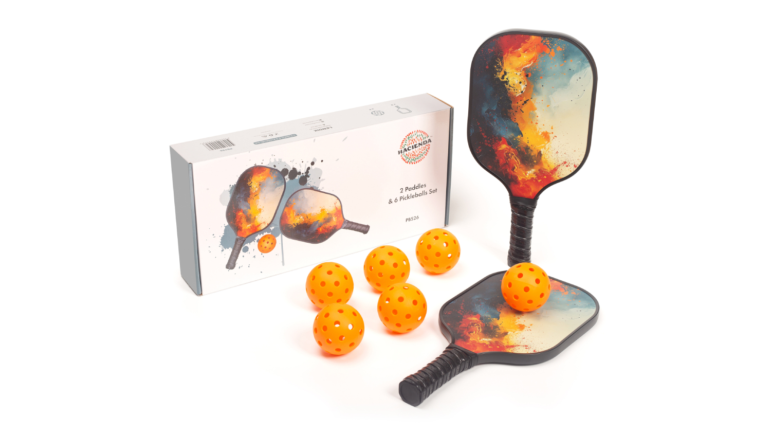 Hacienda Pickleball Game set with Fiberglass Paddles, Precision Balls 8pcs. - Orange