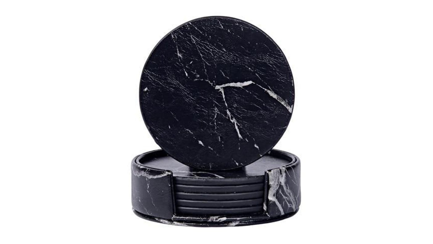 HOD Round Faux Leather Coasters 6pcs. - Solid Black