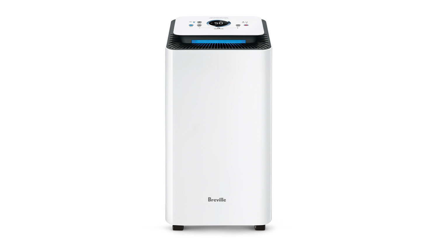 A white Breville Smart Dry Connect 10L Dehumidifier featuring a top-mounted control panel and a front-facing logo