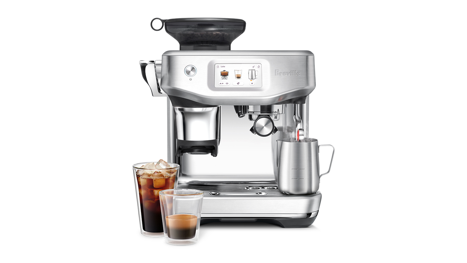 A brushed stainless steel Breville Barista Touch Impress espresso machine with a built-in grinder.