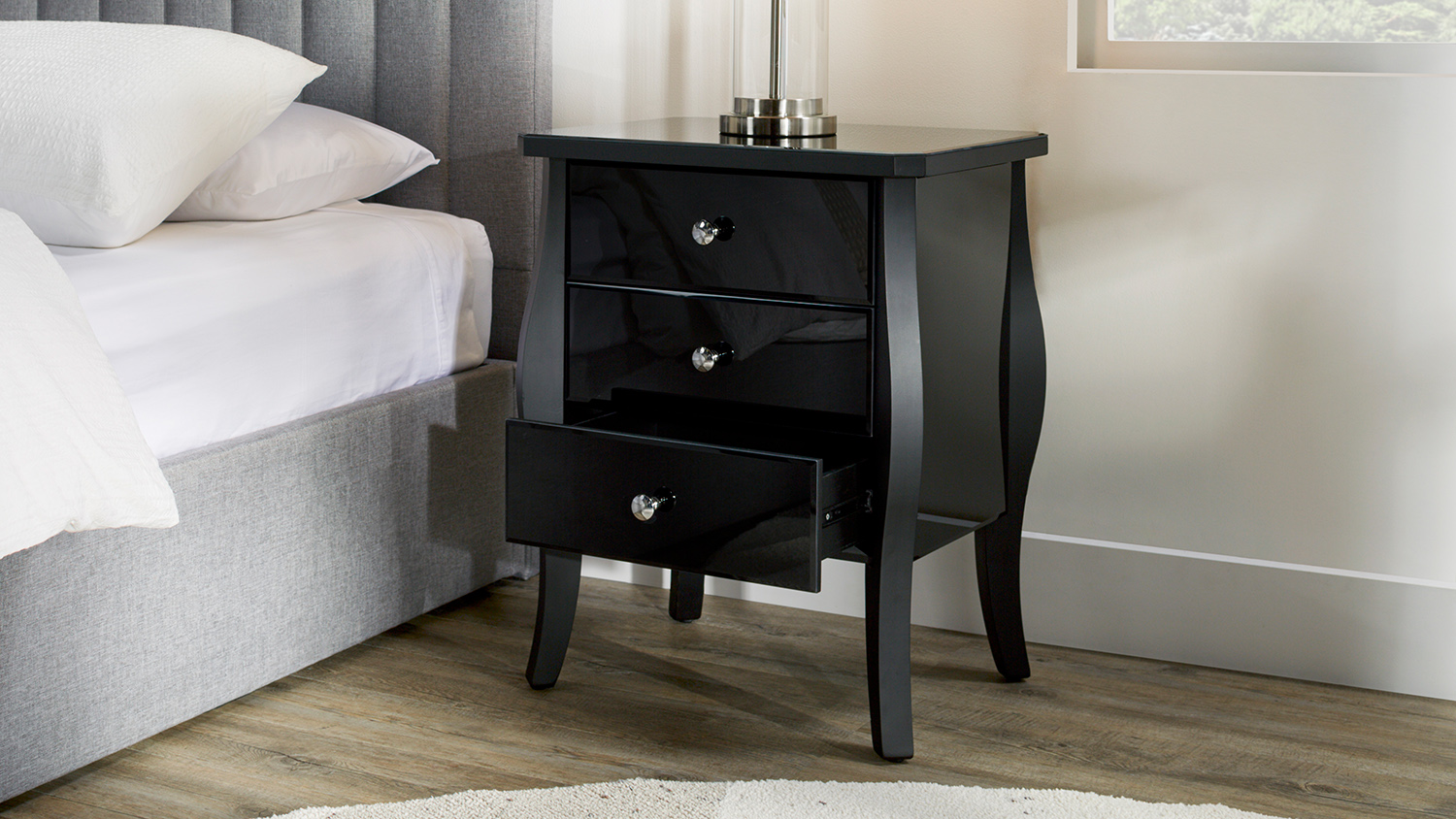 Saville Black Mirrored Bedside Table
