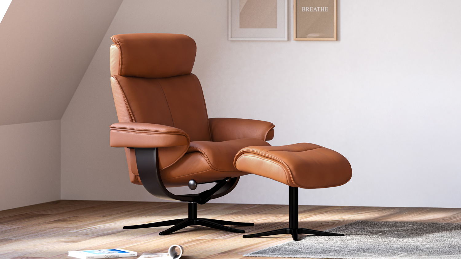 Tromso Leather Recliner and Footstool - Trend Whiskey