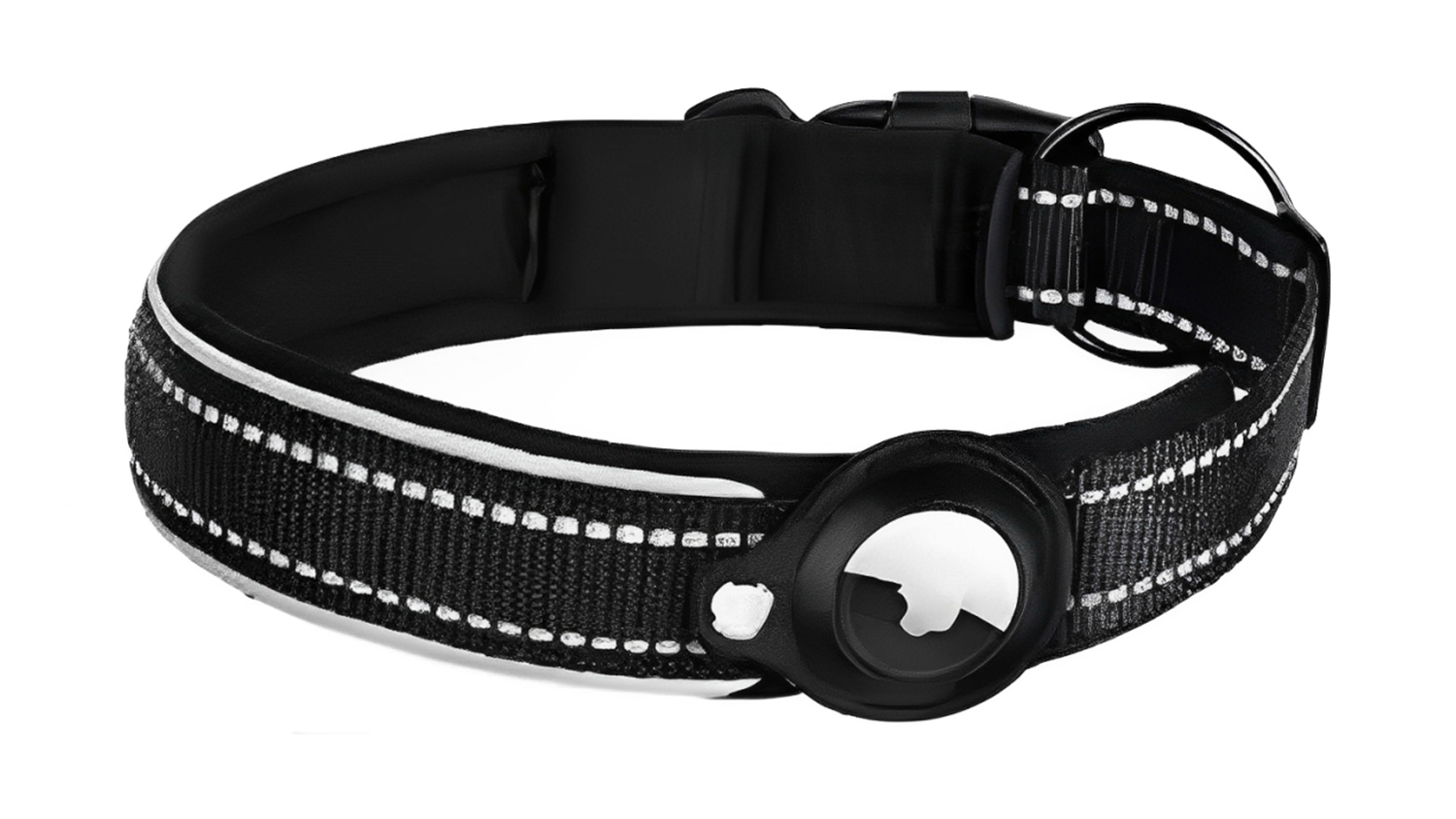Close-up shot of the Kmall Nylon Dog Collar with AirTag Holder.