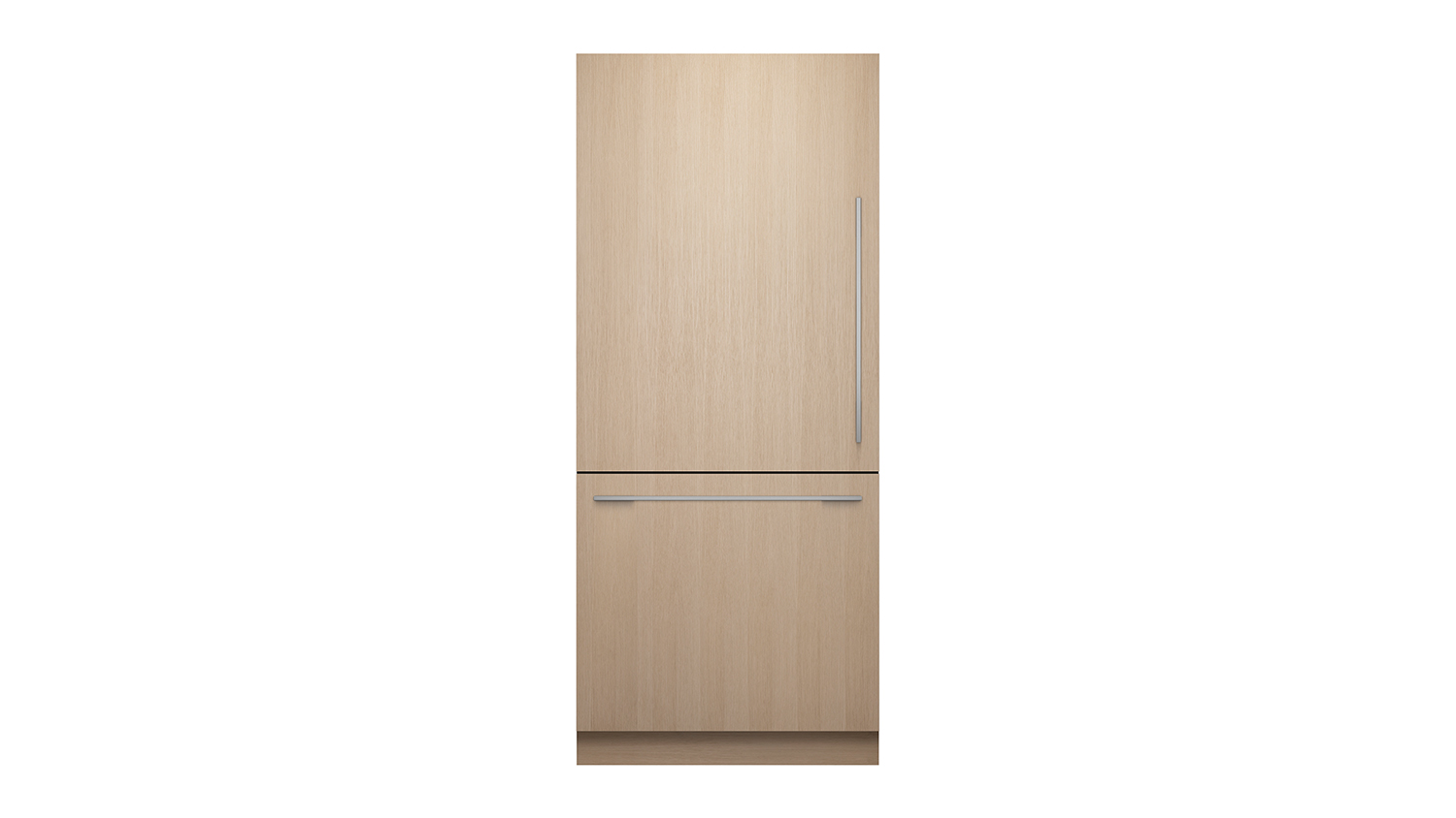 A wood-panelled fridge freezer with top and bottom door handles