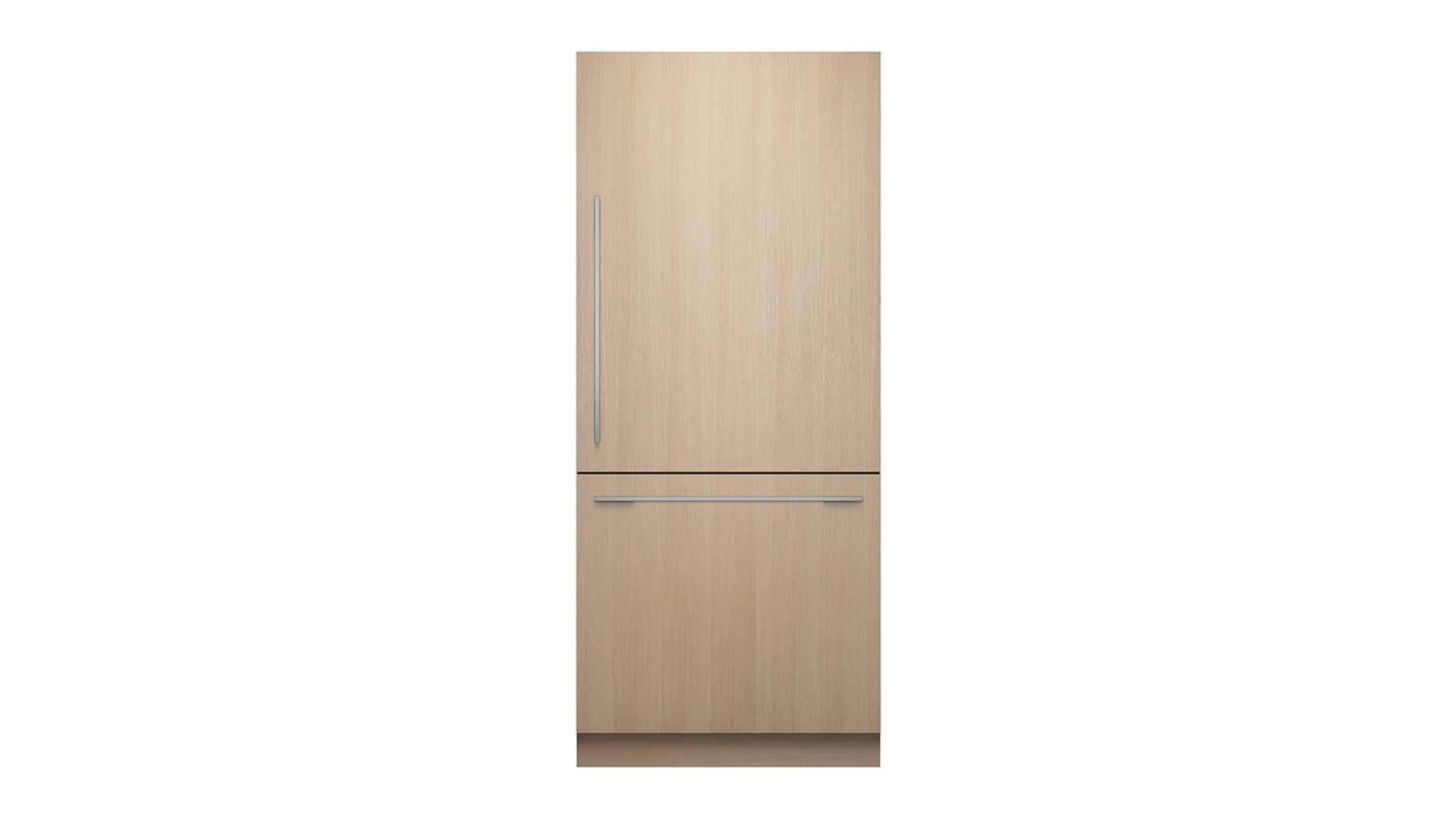 A wood-panelled fridge freezer with top and bottom door handles