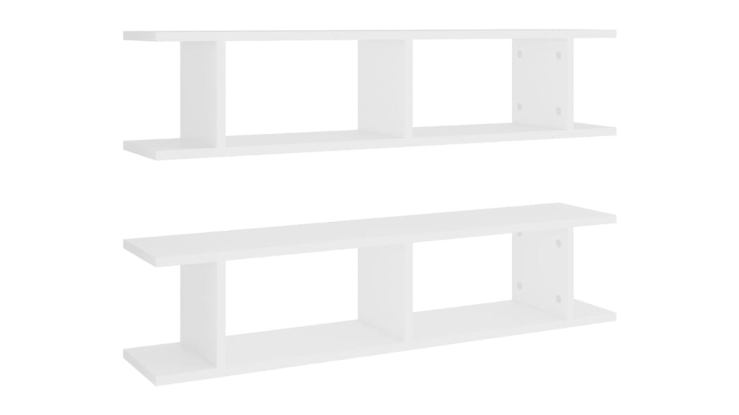 Two White floating ladder-style wall shelves shown front-facing