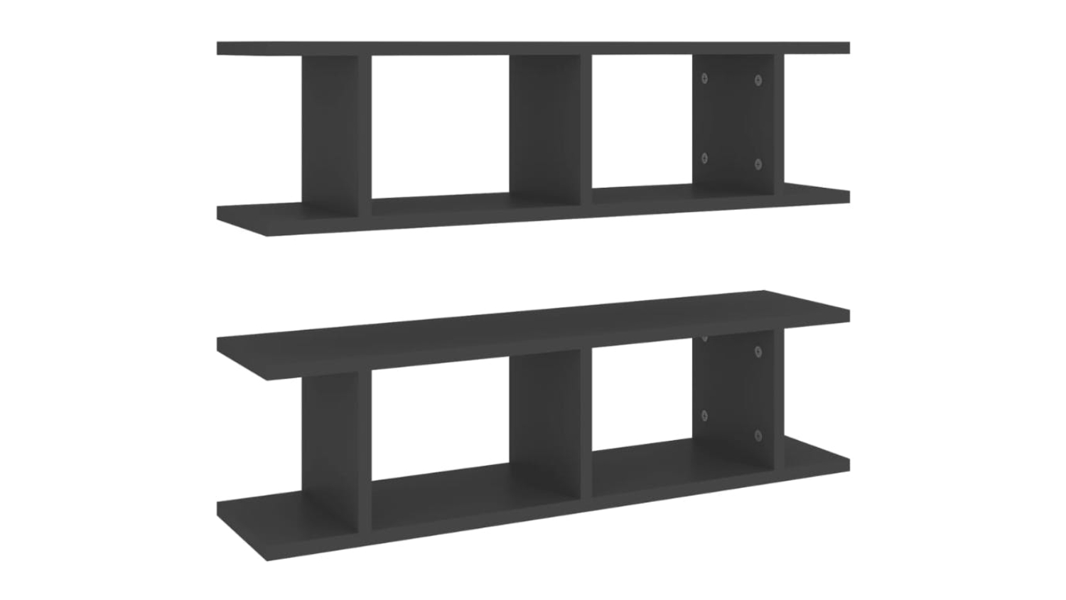 Front-facing view of NNEVL grey wall shelves with open display cubbies each