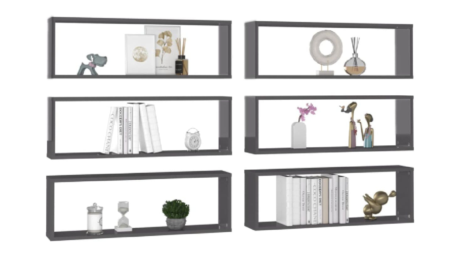 NNEVL Wall Shelves Floating Rectangle 6pcs. 80 x 15 x 26.5cm - Gloss Grey