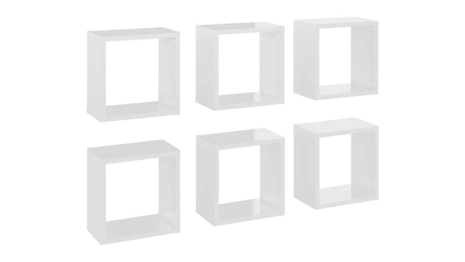 Six floating cube wall shelves in white, shown in two rows