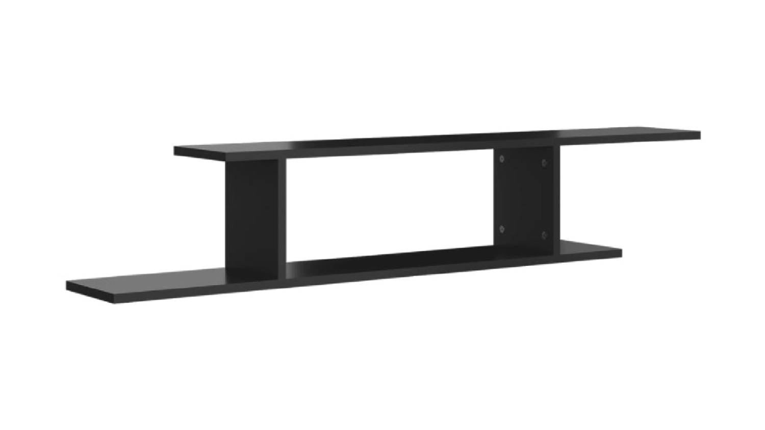 An angled view of the NNEVL wall-mountable TV shelf with dual-tier design in black finish