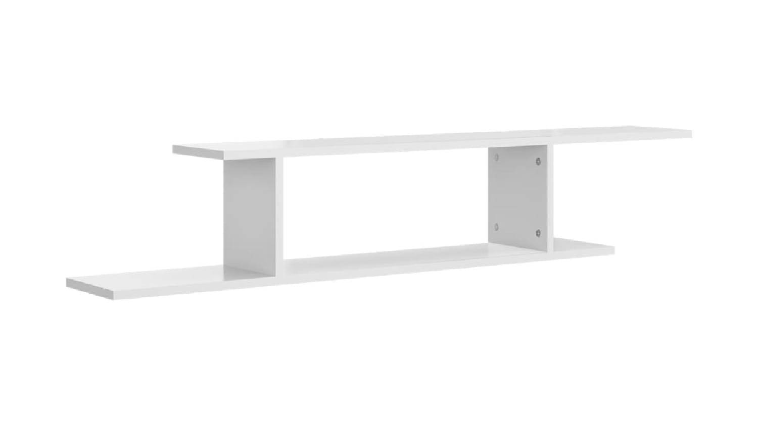 An angled view of the NNEVL wall-mountable TV shelf with dual-tier design in white finish