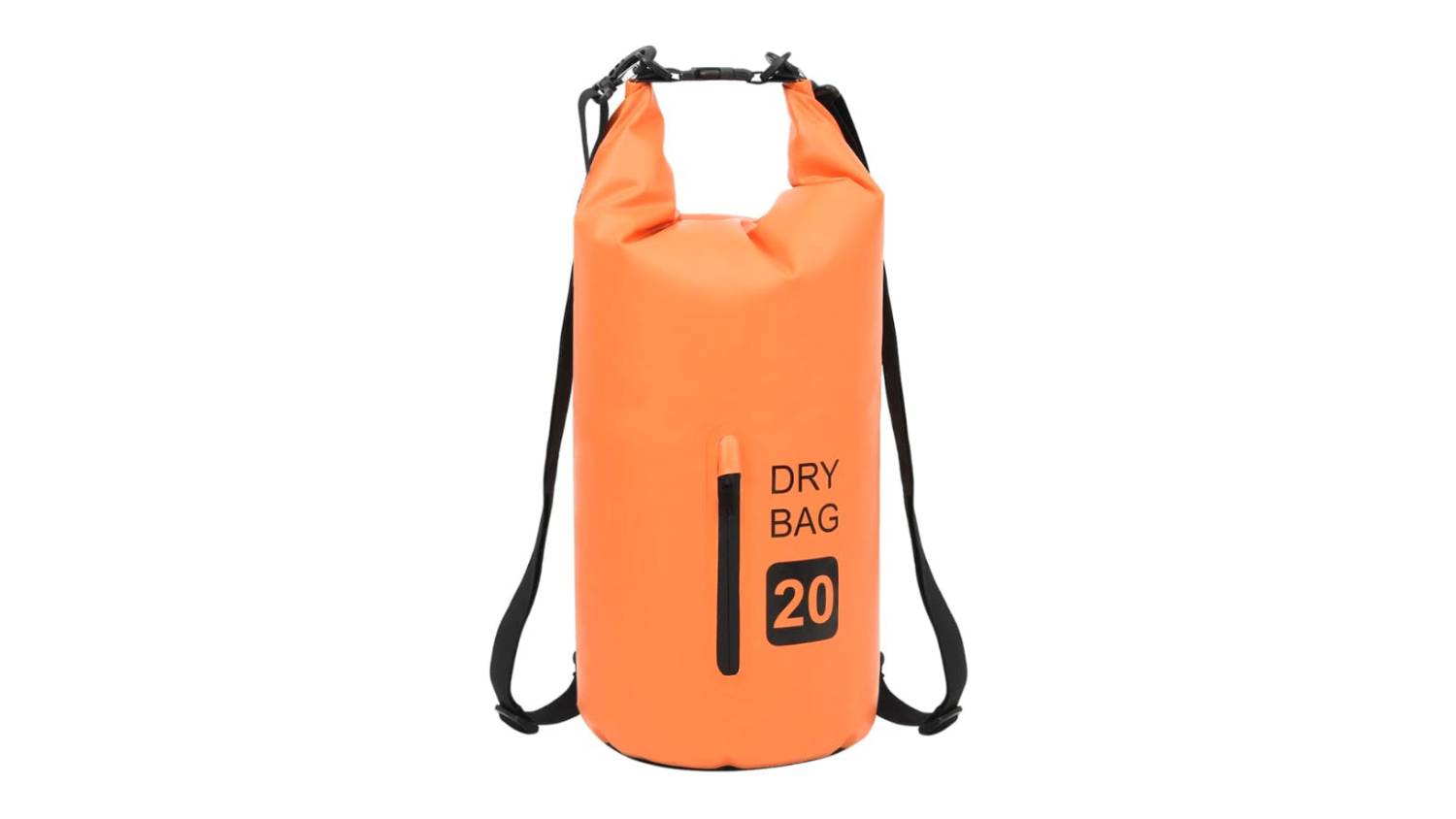 Front view of orange NNEVL 20L PVC Dry Bag with black backpack straps and vertical zipper pocket