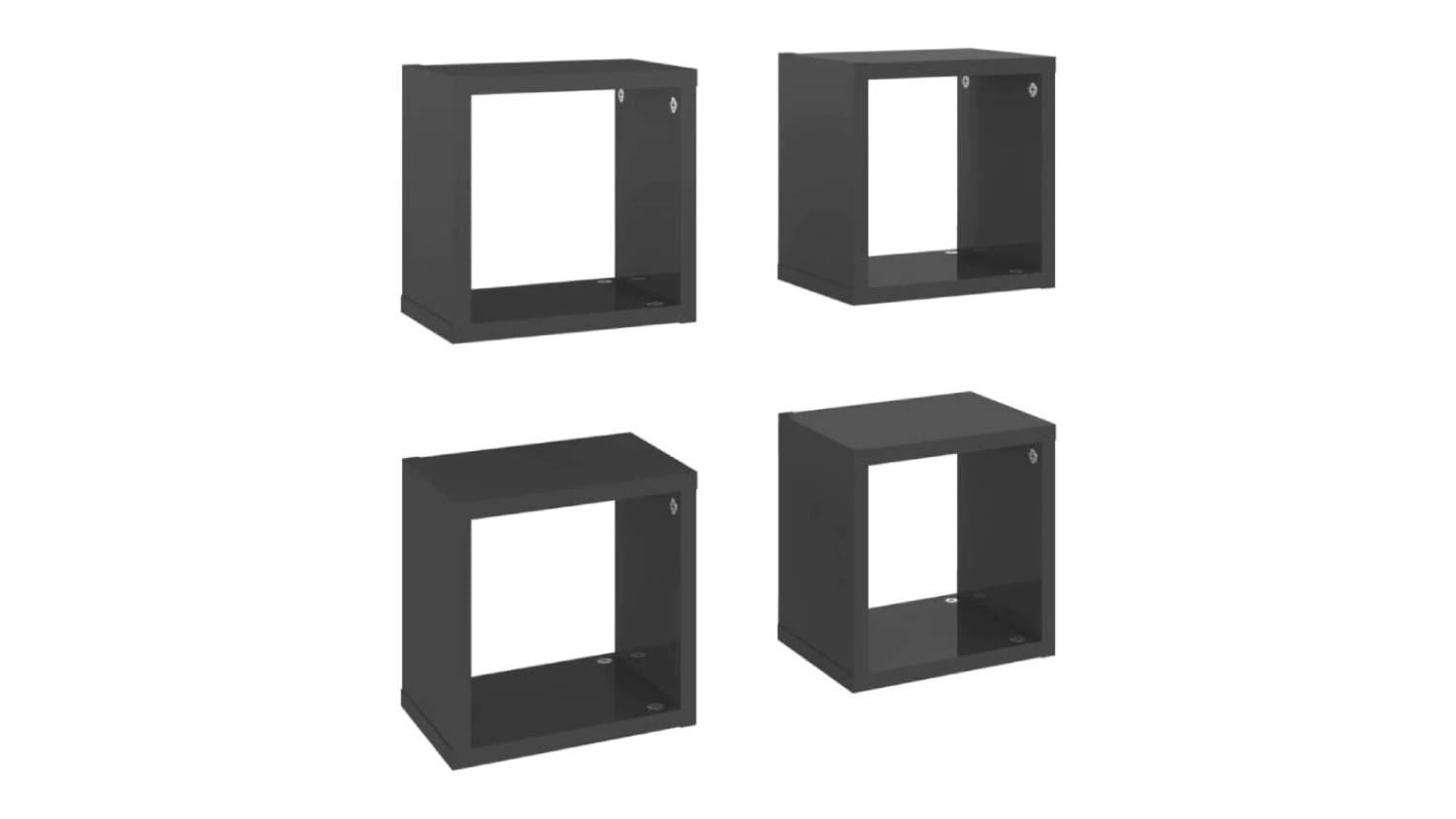 Angled view of four floating cube wall shelves in gloss grey, shown in two rows