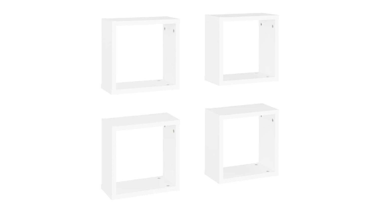 Angled view of four floating cube wall shelves in white, shown in two rows