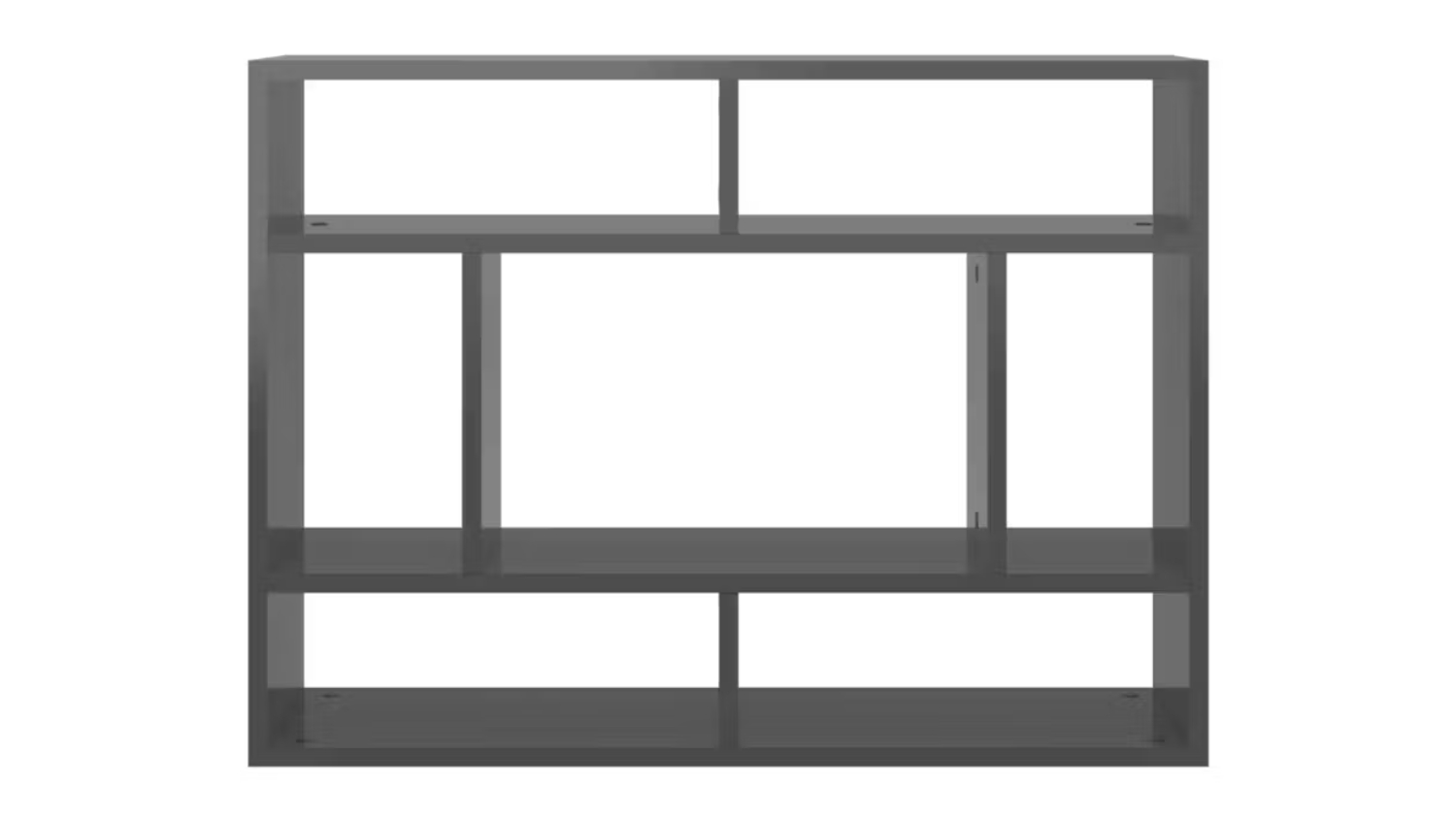 Front view of NNEVL gloss grey wall shelf with 7 asymmetrical display compartments