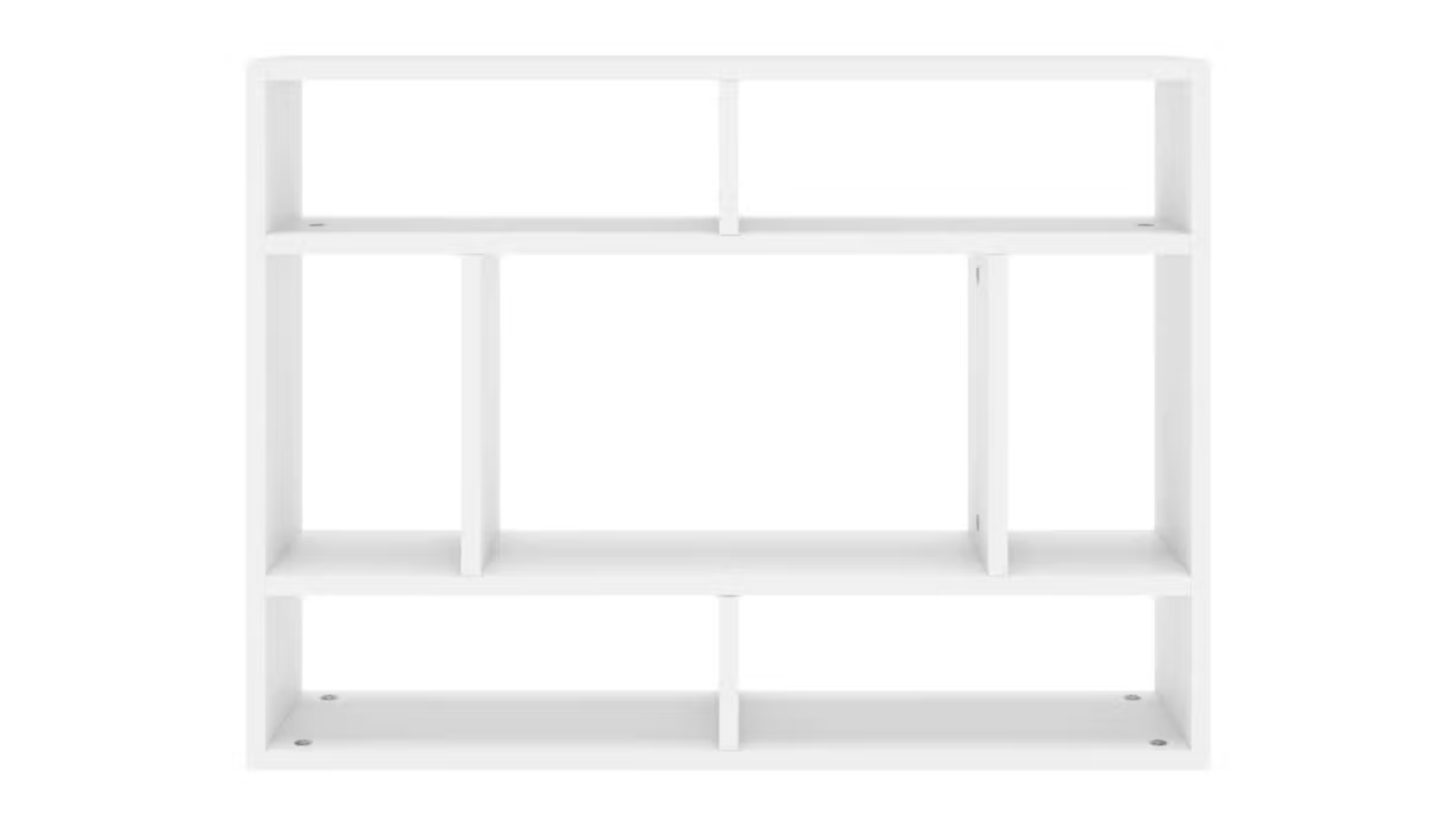 Front view of NNEVL white wall shelf with 7 asymmetrical display compartments