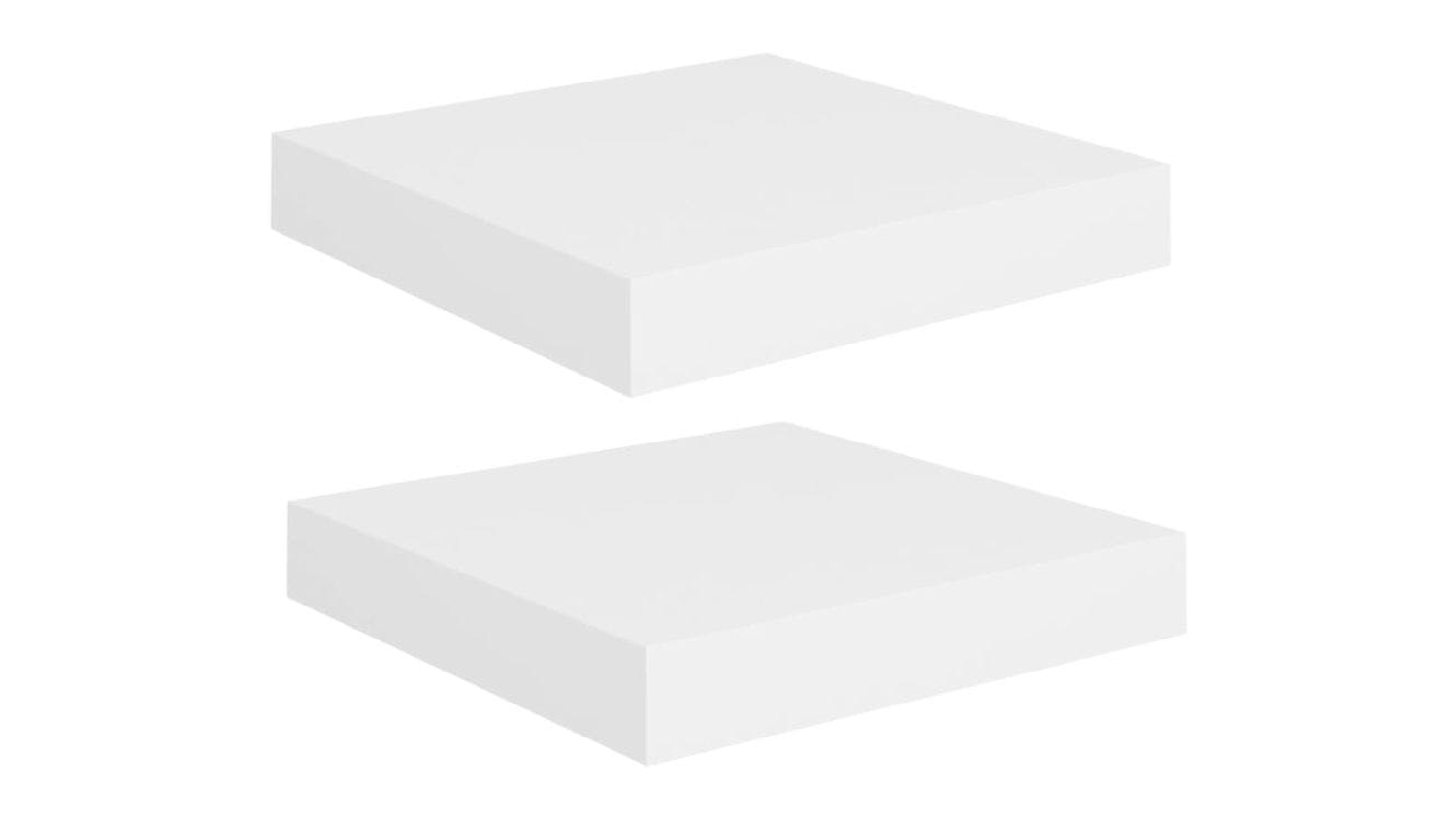 Two white floating wall shelves displayed on a white background, shown from an angled view