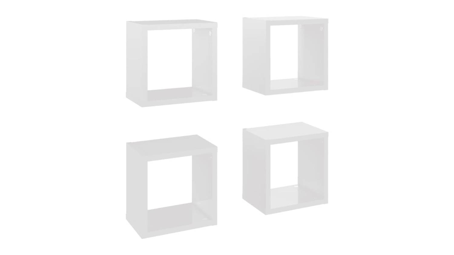 Angled view of four floating cube wall shelves in gloss white, shown in two rows