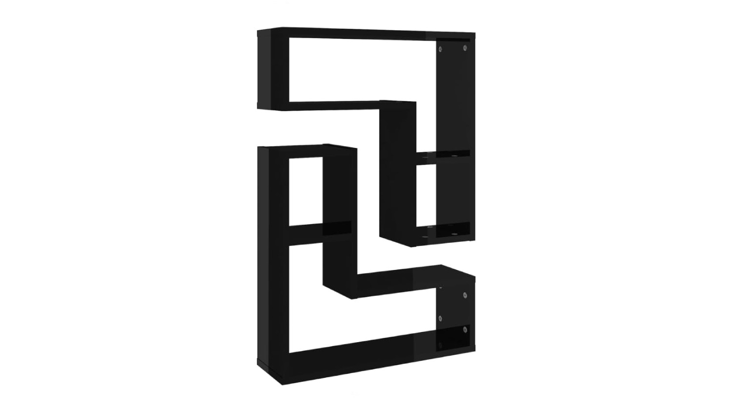 Gloss black L‑shaped floating wall shelf set shown front‑on, featuring two interlocking geometric shelves