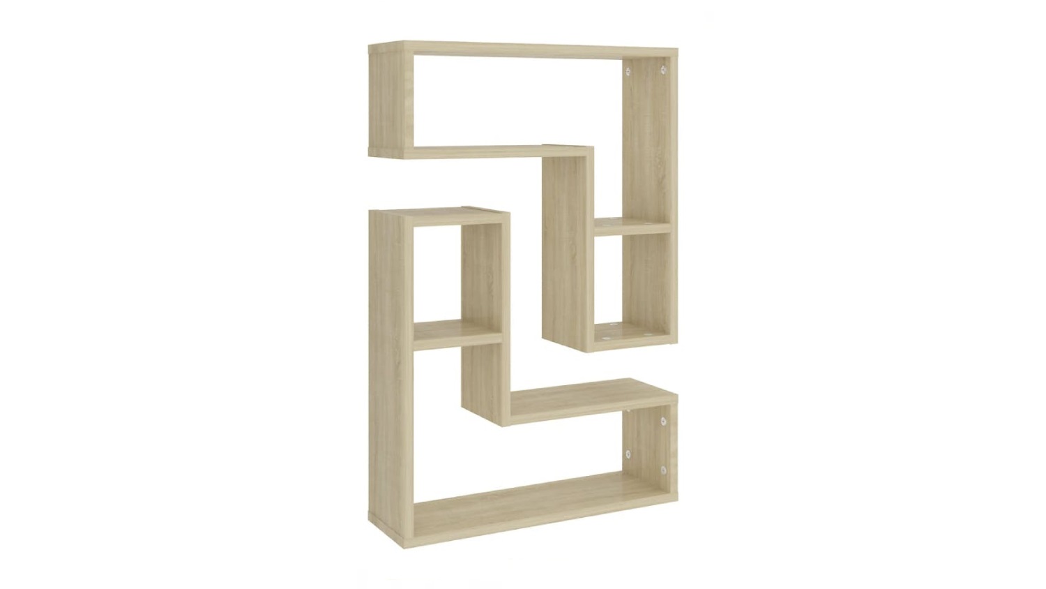 Sonoma Oak L‑shaped floating wall shelf set shown front‑on, featuring two interlocking geometric shelves