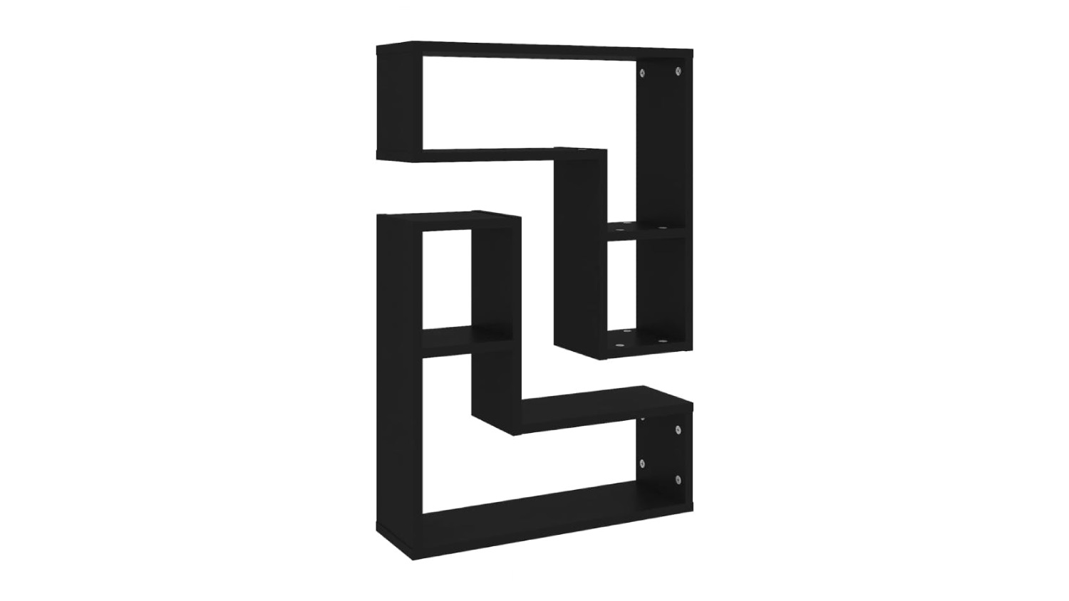 Black L‑shaped floating wall shelf set shown front‑on, featuring two interlocking geometric shelves