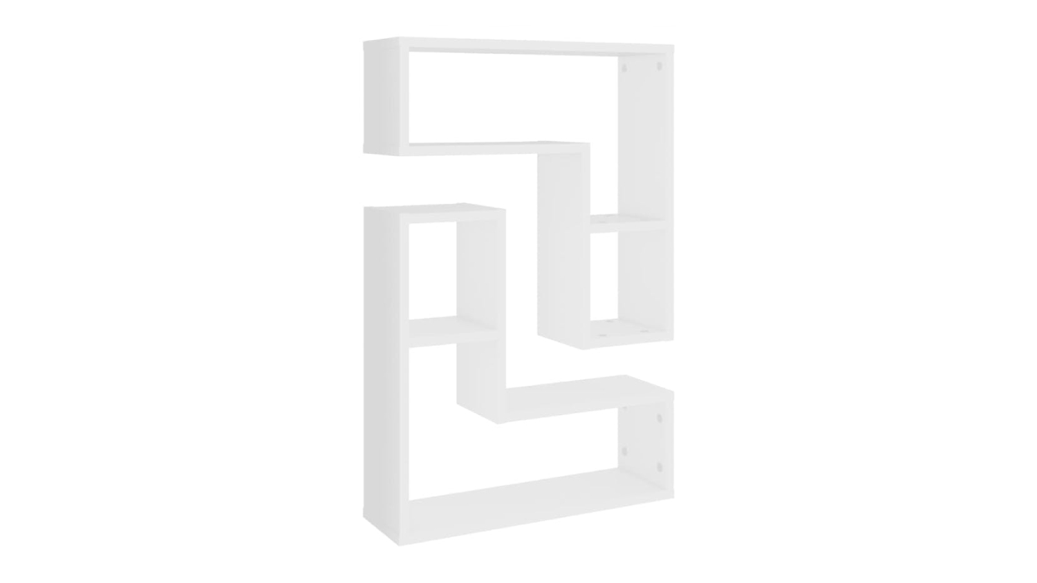White L‑shaped floating wall shelf set shown front‑on, featuring two interlocking geometric shelves