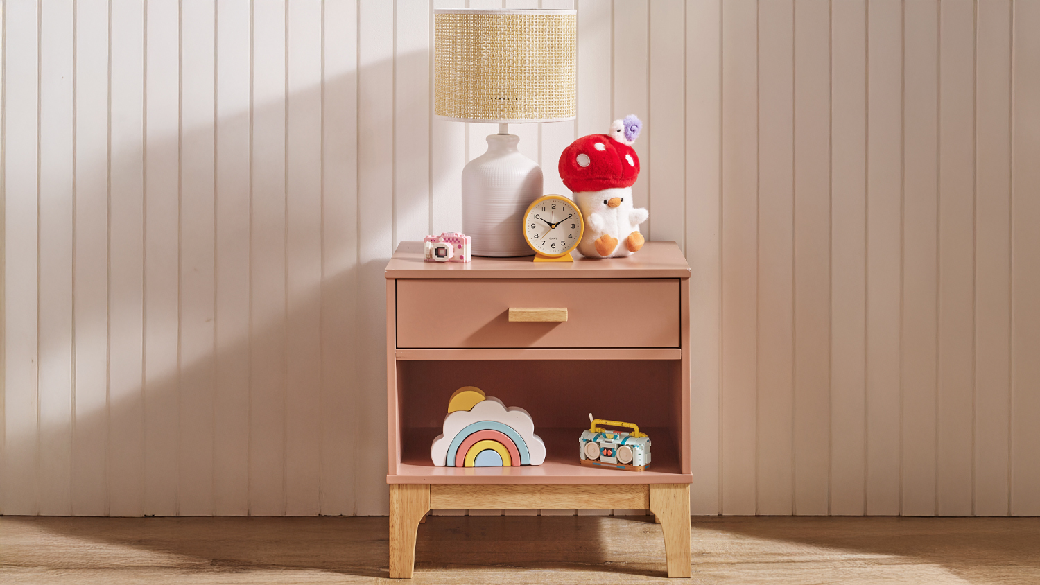 Artie 1 Drawer Bedside Table - Natural & Pink