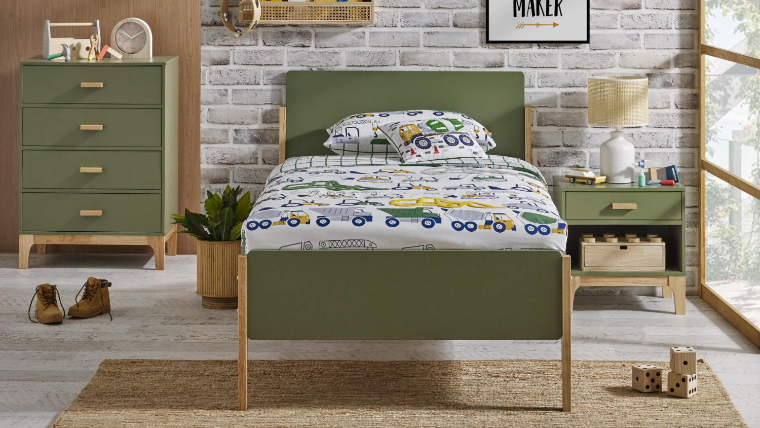 Artie 1 Drawer Bedside Table - Natural & Green