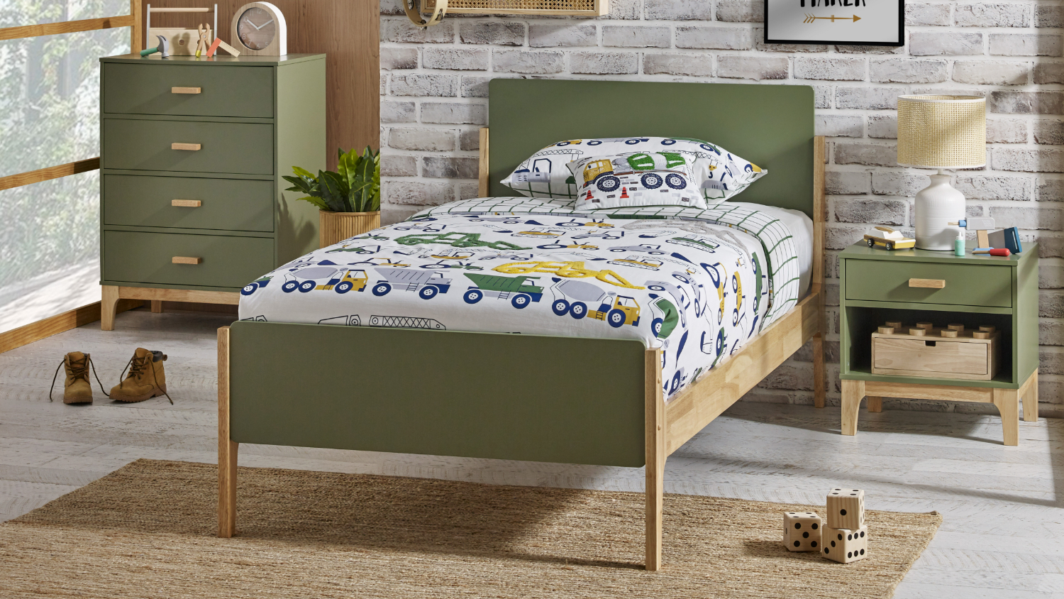 Artie King Single Bed Frame - Natural & Green