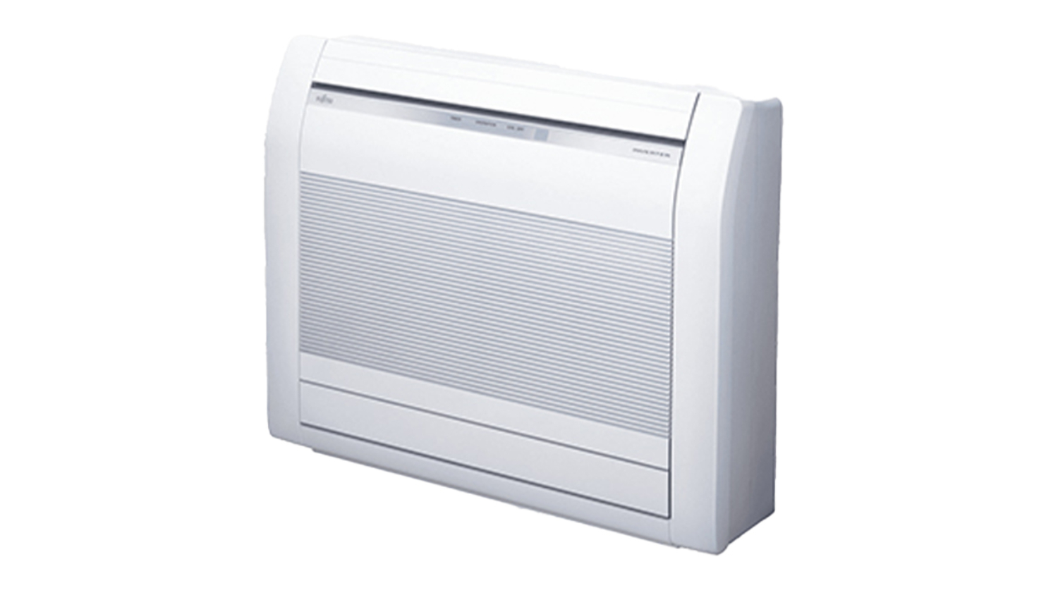 An angled view of the Fujitsu heat pump air conditioner