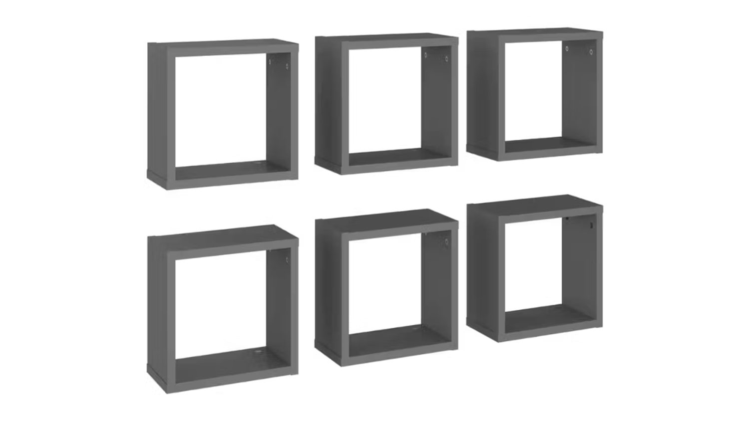 Angled view of six floating cube wall shelves in grey, shown in two rows