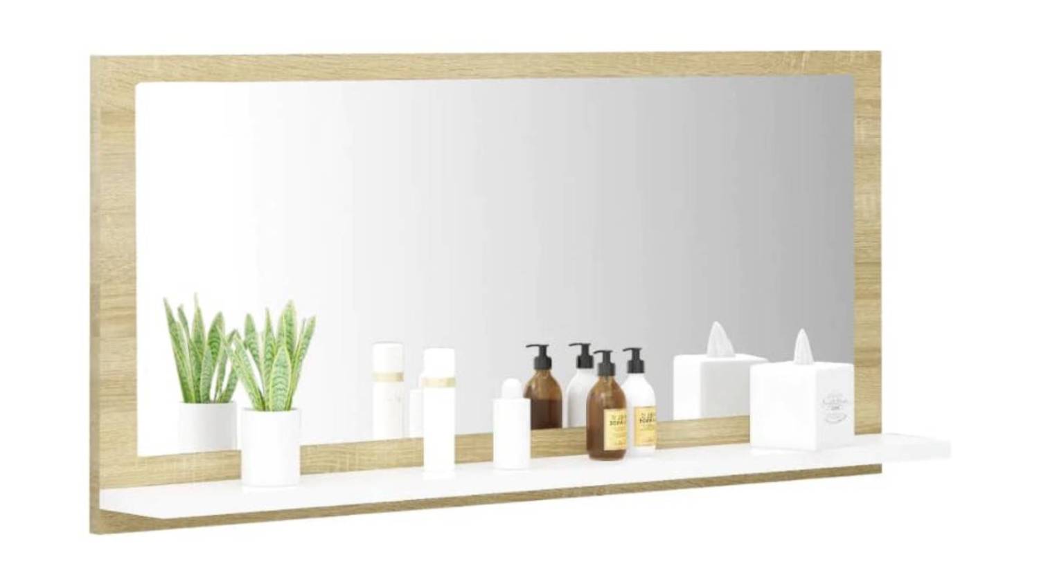 NNEVL Bathroom Mirror with Built-In Shelf 80 x 10.5 x 37cm - White/Sonoma Oak