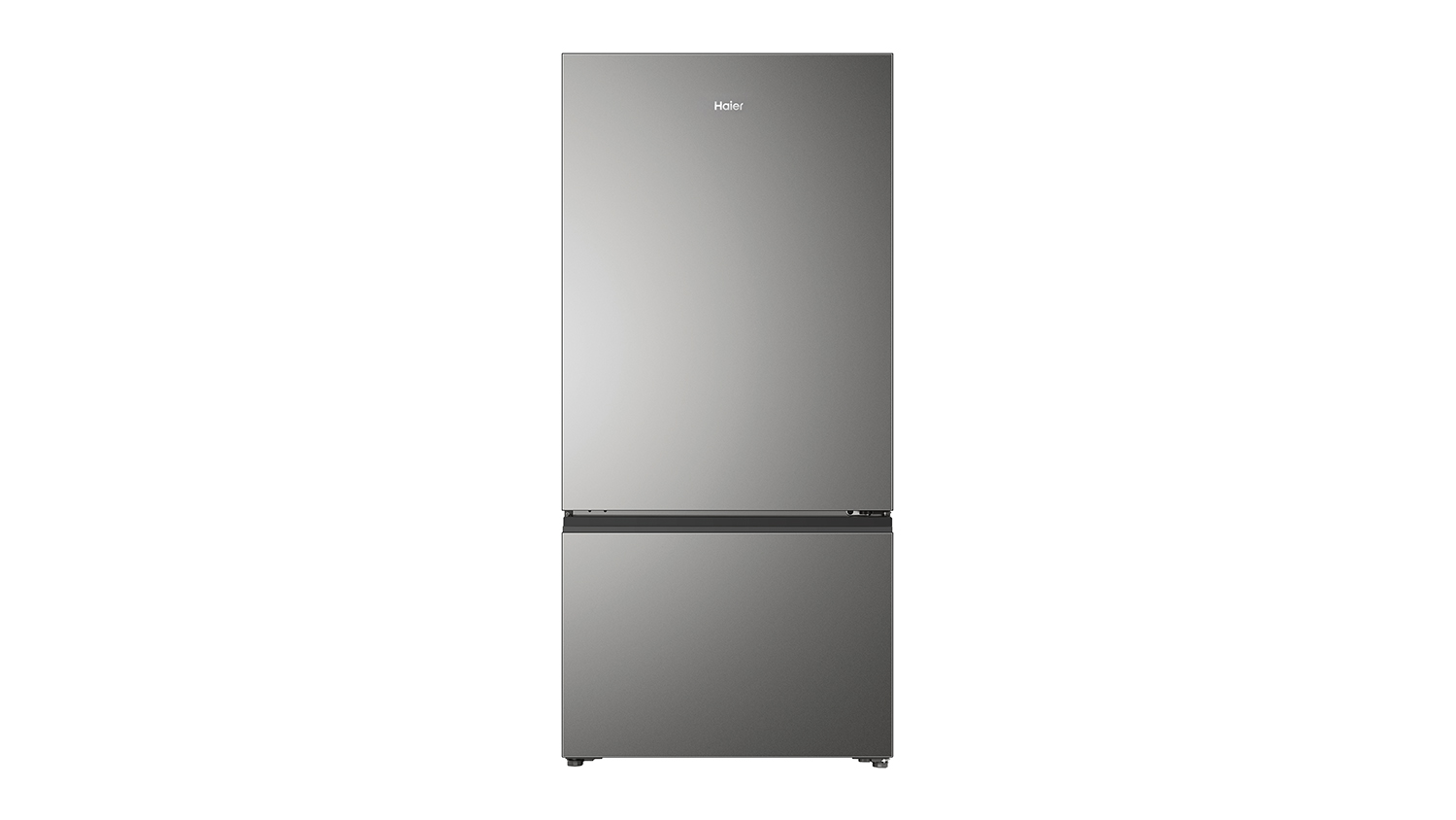 Front view of the Haier 500 Series Satina bottom mount fridge with a sleek, flat door design