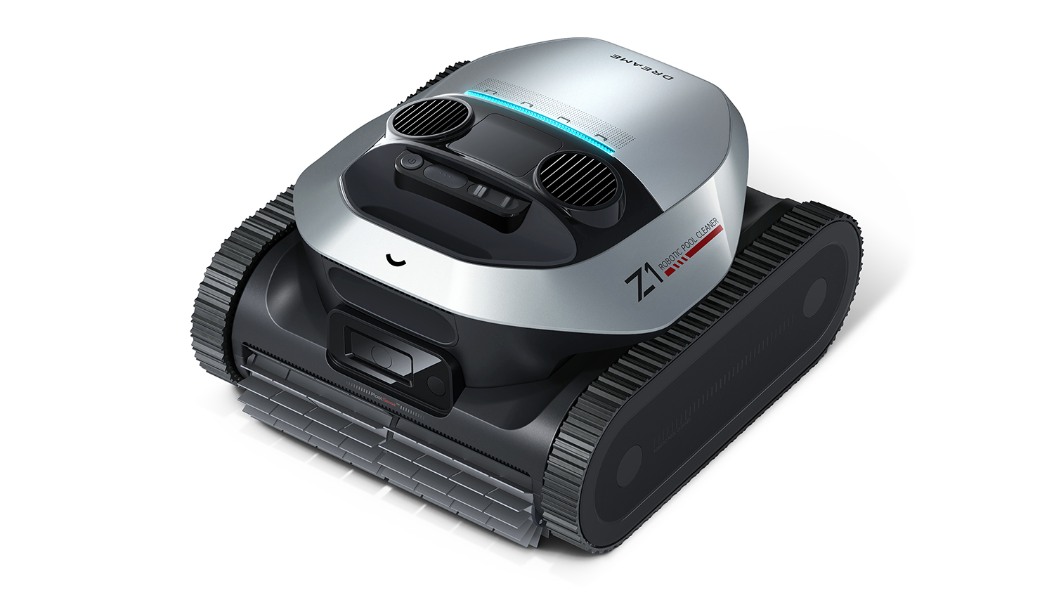 A robotic pool cleaner with tank-like treads on both sides and two circular vents on top.