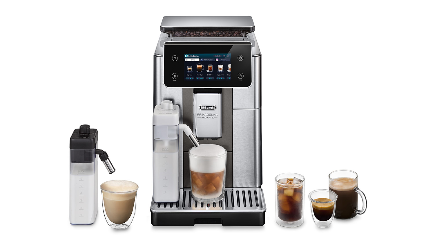 De'Longhi PrimaDonna Aromatic coffee machine with touchscreen display, milk frother, and five different coffee drinks