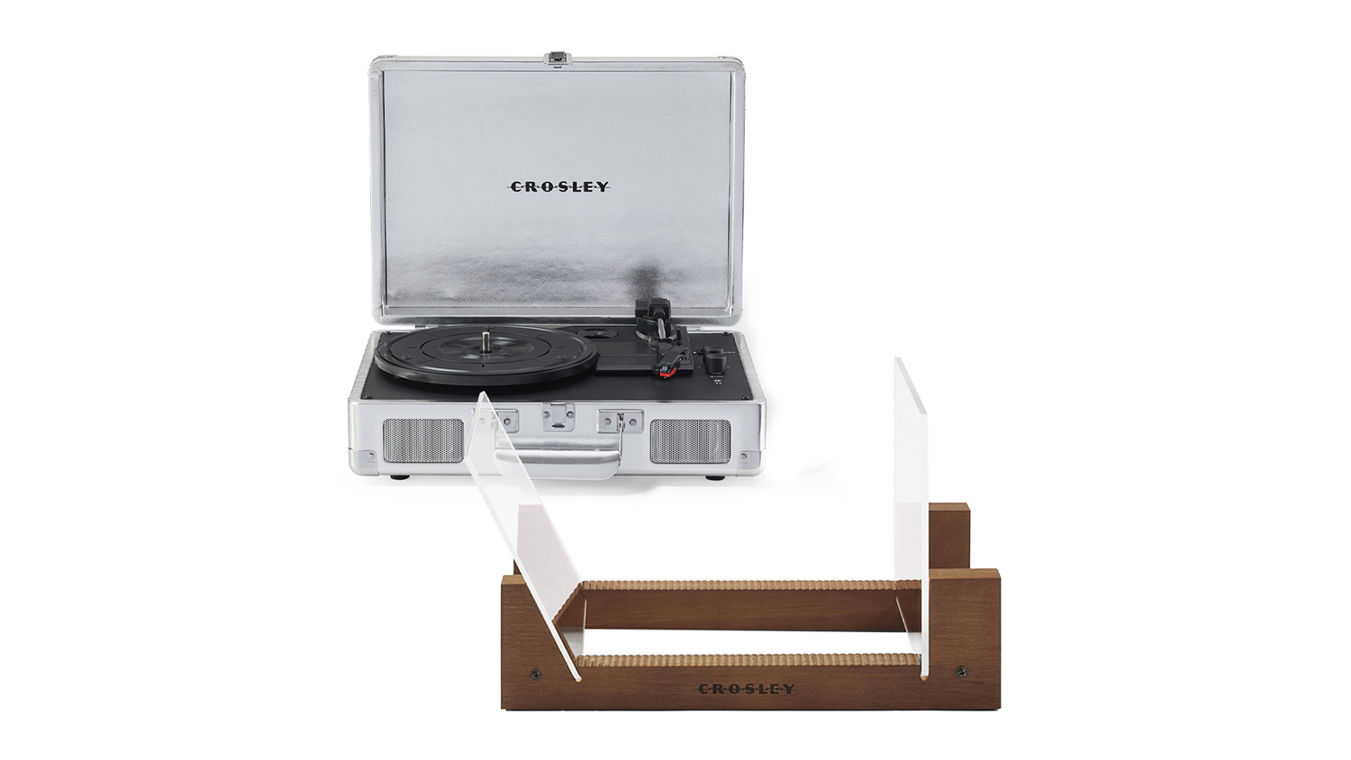 Crosley Cruiser Bluetooth Turntable with Crosley Record Display Stand - Silver