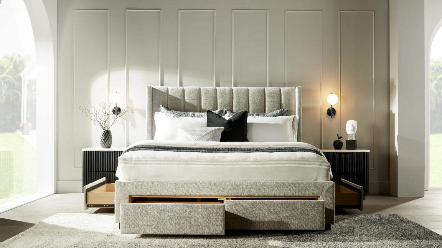 Orion King Upholstered Bed Frame with 4 Drawer Base