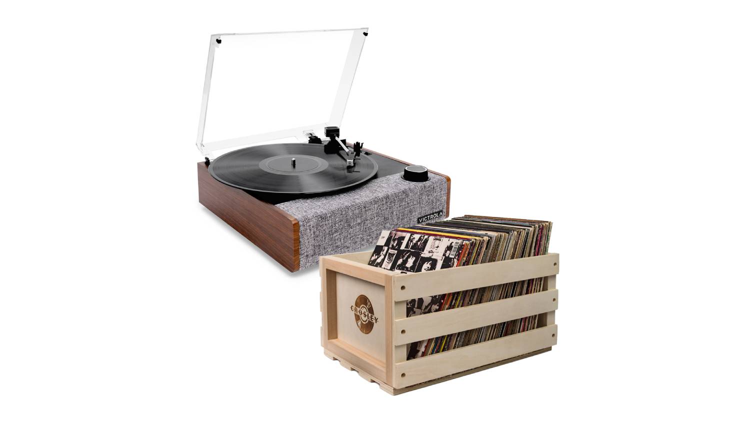 Victrola Eastwood II Bluetooth Turntable with Crosley Record Storage Crate - Walnut